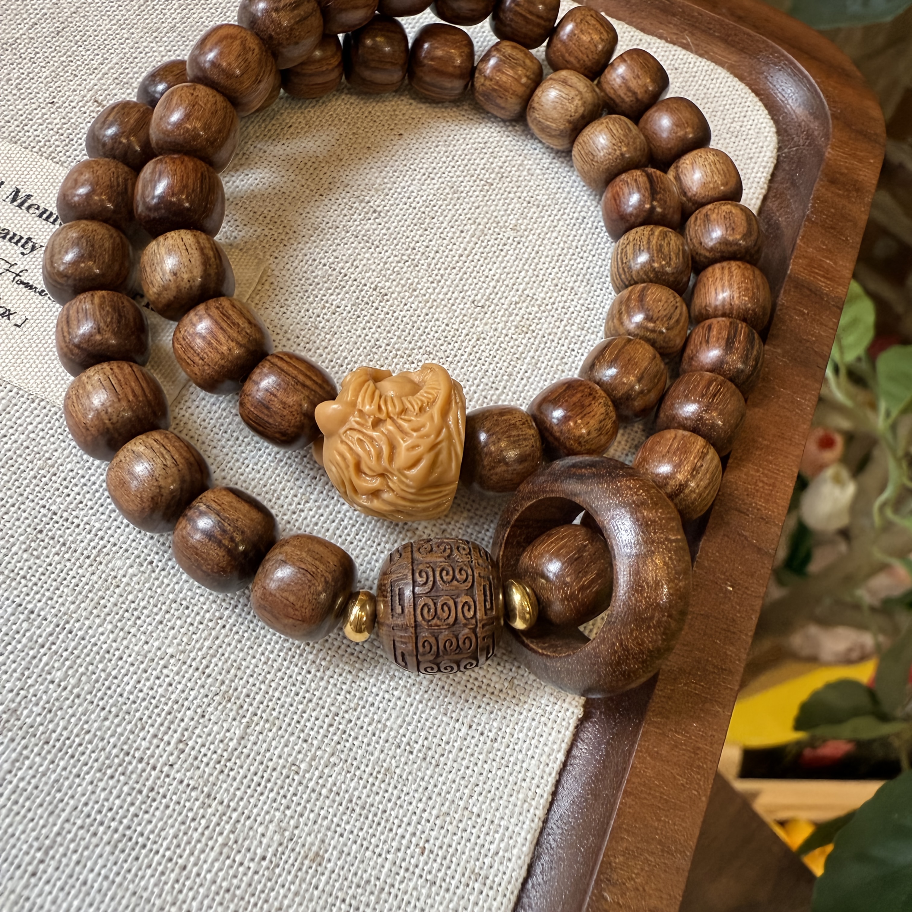 Natural Sandalwood Double Wrap Temple Bracelet with Guardian Lion Charm